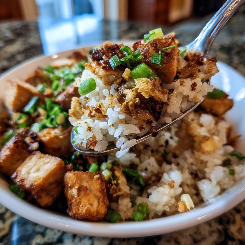 Crispy Tofu Garlic Rice Bowl
